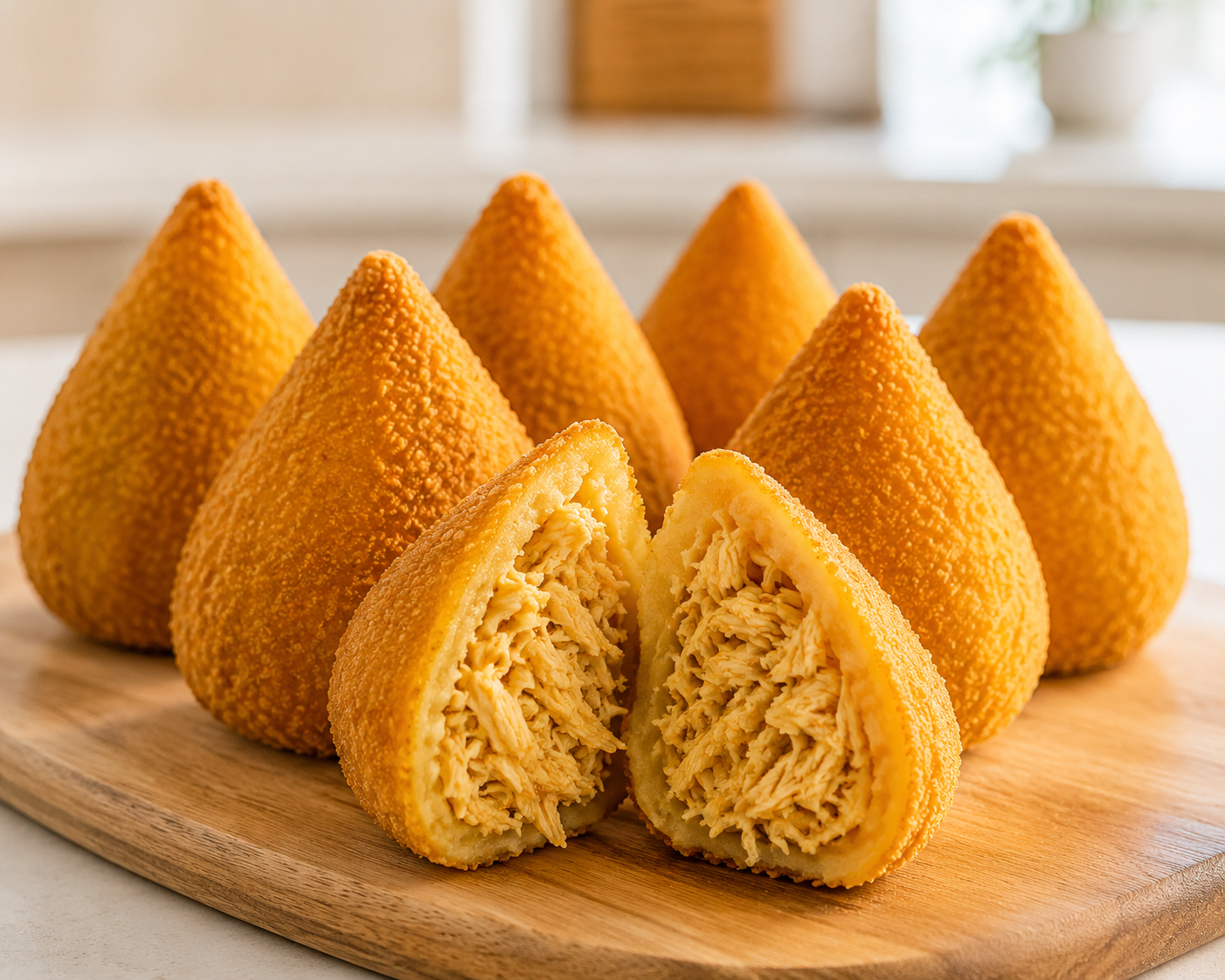 Coxinha de frango feita na air fryer, com casquinha crocante por fora e recheio cremoso de frango desfiado, sem precisar fritar em óleo.