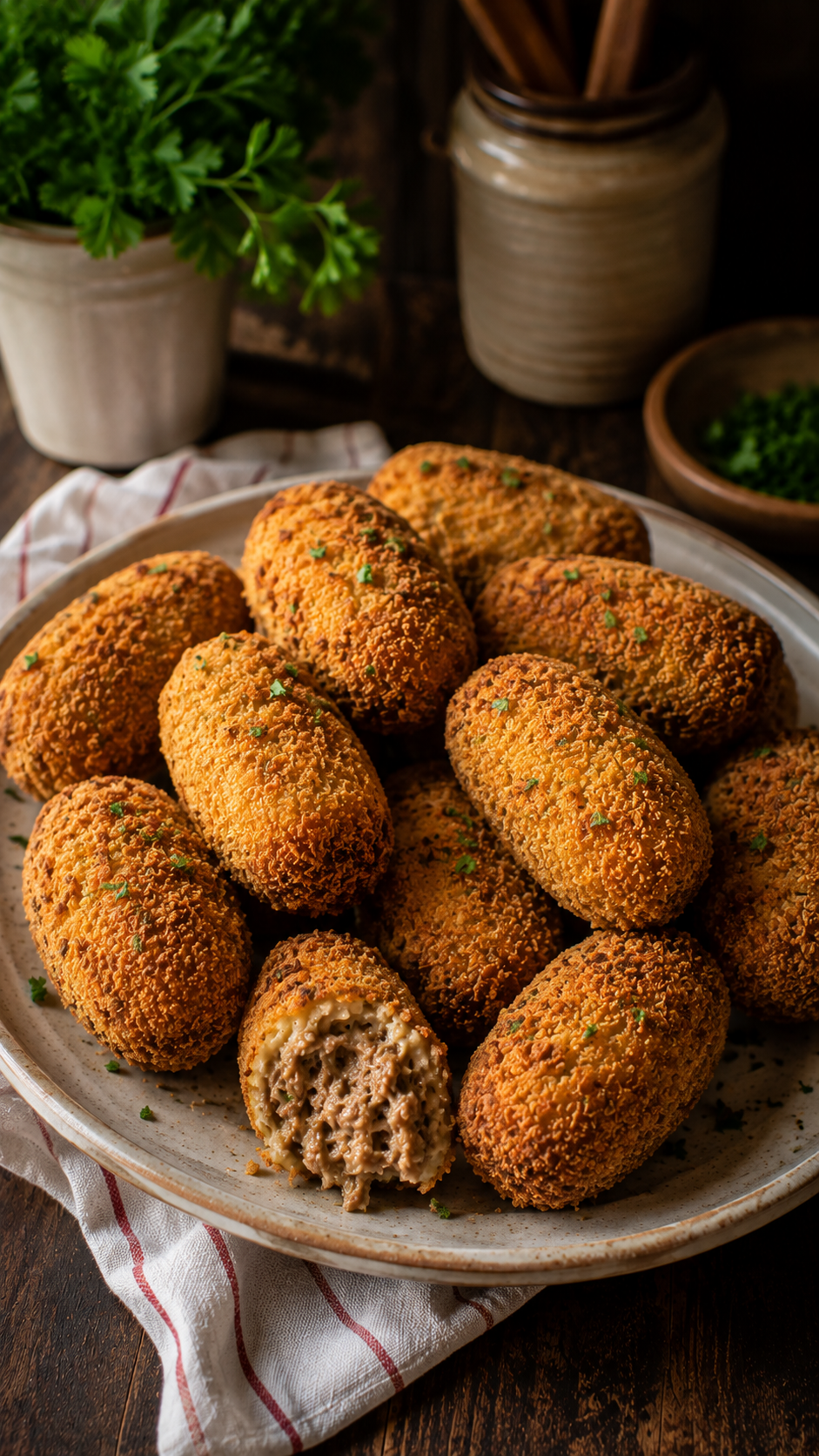 Croquete de carne feito na air fryer, com casquinha crocante por fora e recheio cremoso de carne com molho branco por dentro, sem fritura.